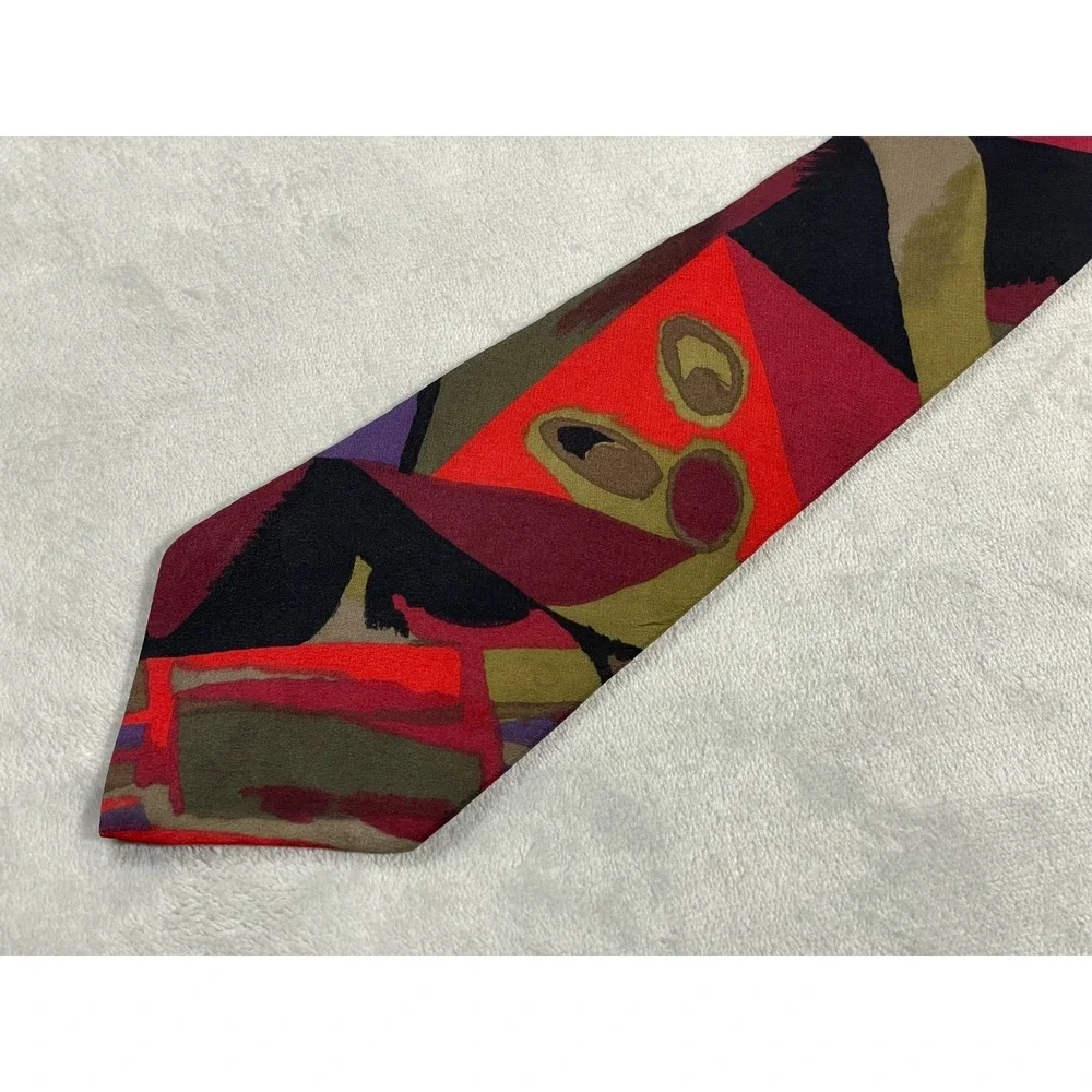 Vintage Pierre Cardin Tie Men's One Size Red Olive Abstract Geometric Silk USA